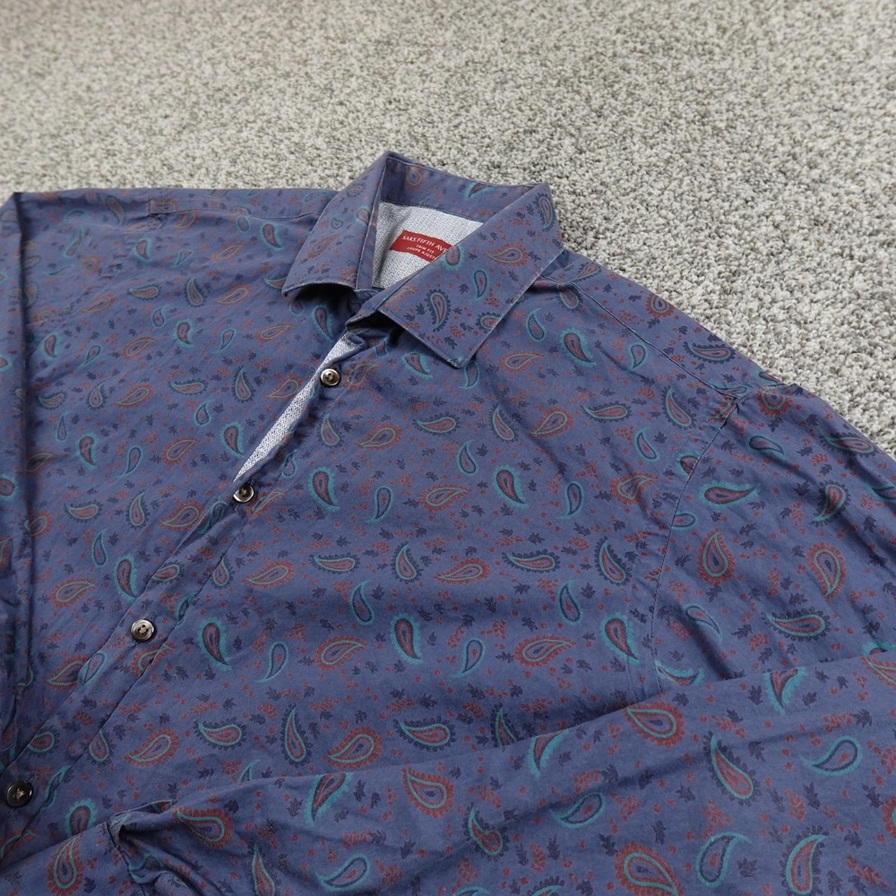 Saks Fifth Avenue Shirt Mens L‎ Blue Paisley Trim Fit Button Up Western Cowboy